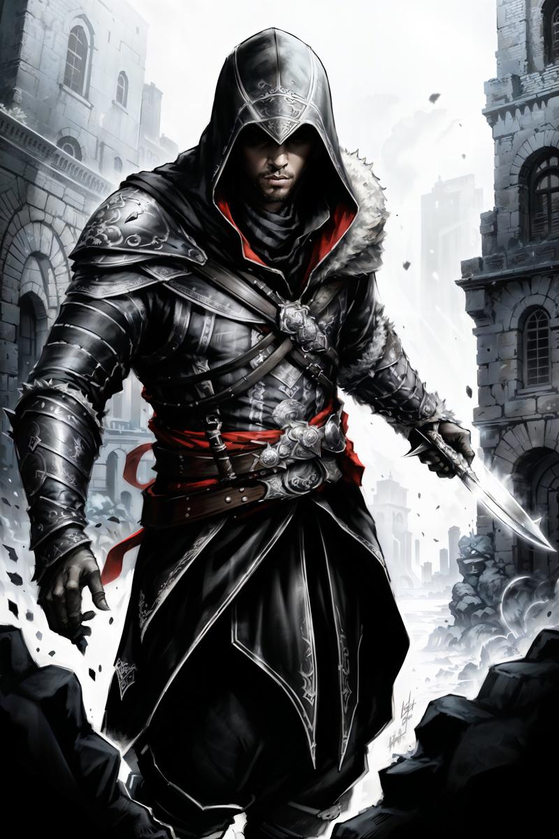 00497-680568652-(masterpiece, top quality, best quality, official art, detailed_1.2),, ezio_soul3142, solo, 1boy, holding, monochrome, weapon, g.jpg